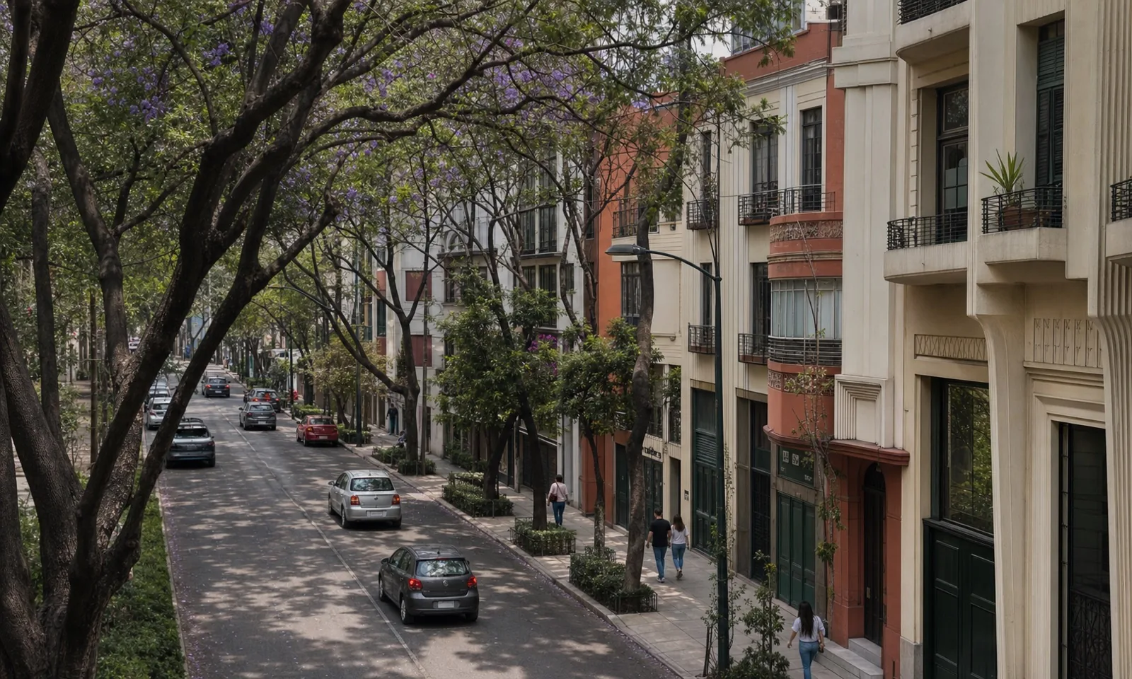 Calle arbolada de Roma Norte con fachadas Art Déco