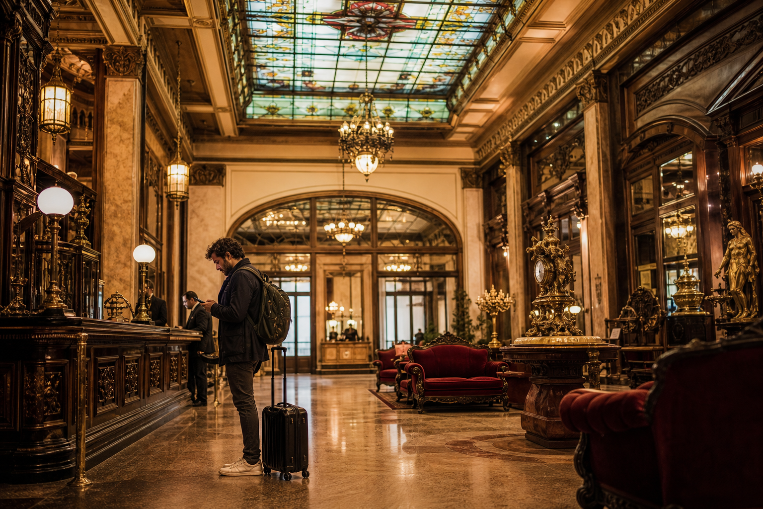 Viajero en el lobby histórico de un hotel museo de Ciudad de México